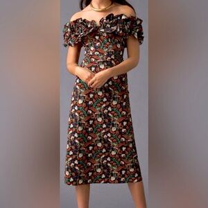 Anthropologie ((Let Me Be Born) Black Floral Midi Dress/Ruffle Off Shoulder/M